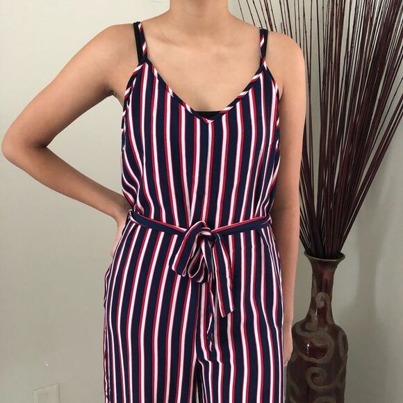 Ambiance Sleeveless Jumpsuit M Striped Pockets Adjustable Straps Red White Navy - Picture 3 of 11